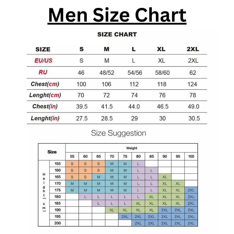 Custom Tshirt Men Size Chart - Otaku Gift Store