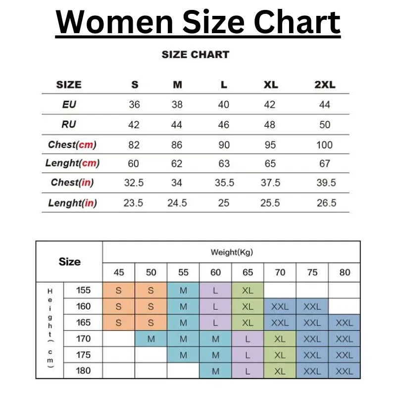 Custom Tshirt Women Size Chart - Otaku Gift Store